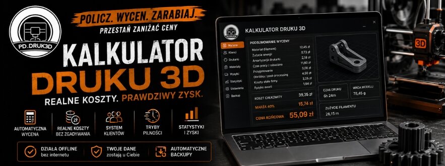 Kalkulator Druku 3D od PD.Druk3D to profesjonalne narzędzie do szybkiej i dokładnej wyceny usług druku 3D. Uwzględnia koszt filamentu, energii, amortyzacji drukarki, robocizny, przygotowania, obróbki, kosztów stałych oraz ryzyka awarii. Program pozwala ró